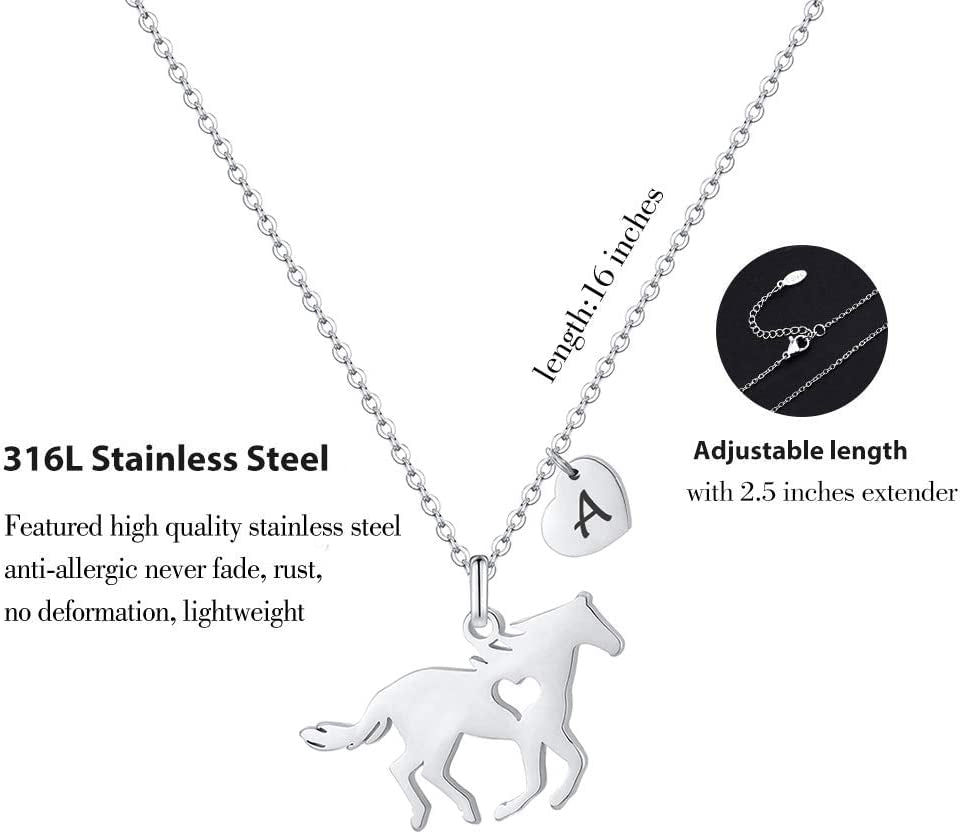 Horse Gifts for Girls Necklace - Stainless Steel Dainty Horse Pendant Heart 26 Initial A-Z Necklaces for Women Girl