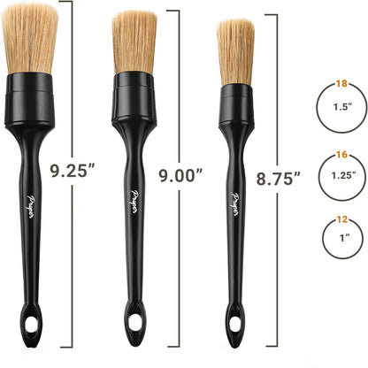 Premium Car Detailing Brush Set - Professional 3 Pack Kit Detail Brushes with Soft Boars Hair Bristles for Auto Interior & Exterior - for Cleaning Leather Seats, Air Vents, Wheels & Emblems