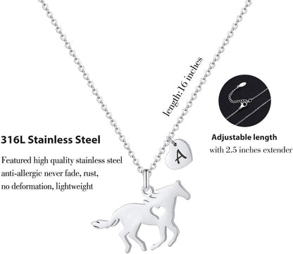 Horse Gifts for Girls Necklace - Stainless Steel Dainty Horse Pendant Heart 26 Initial A-Z Necklaces for Women Girl